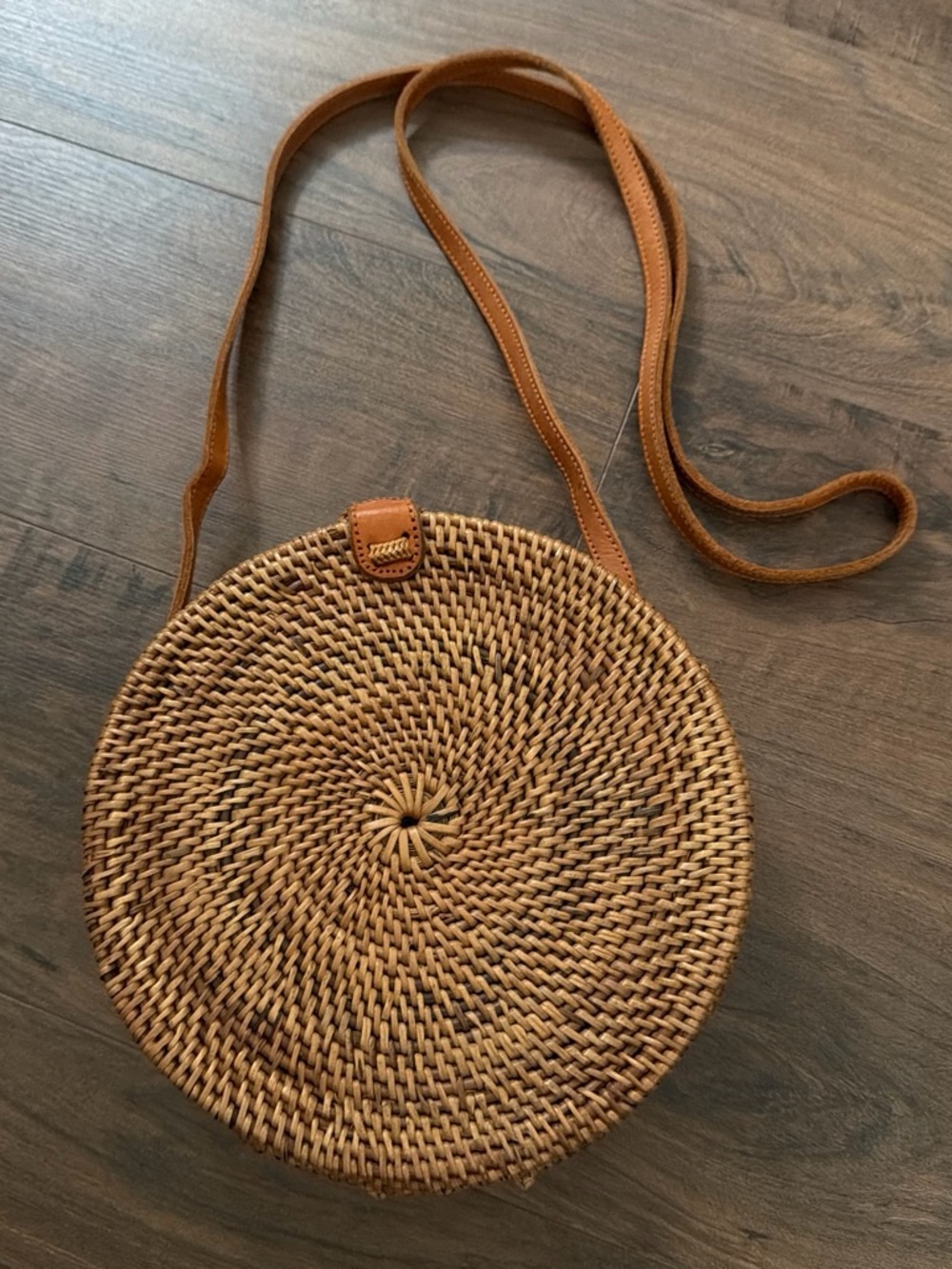 Round Woven Crossbody Bag in Tan with Leather Strap